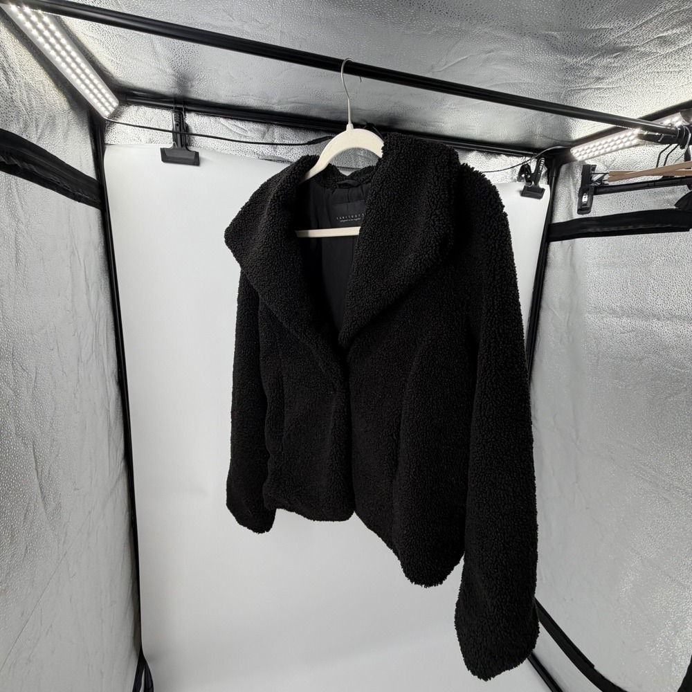 Sanctuary Womens Black Faux Shearling Teddy Jacket Shawl Collar Size L